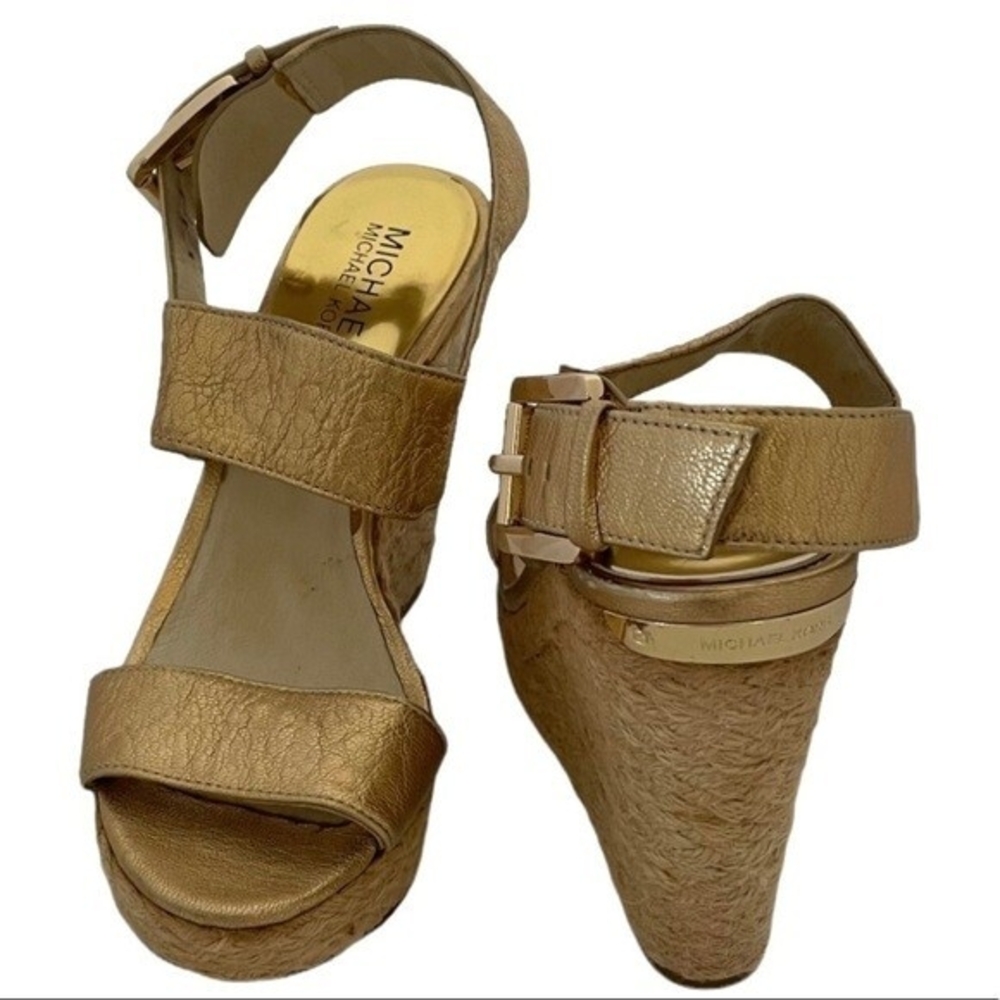 MICHAEL KORS Posey Gold Leather Espadrille Wedge Sandals Women 5.5 5" Heel G+ - Picture 8 of 12